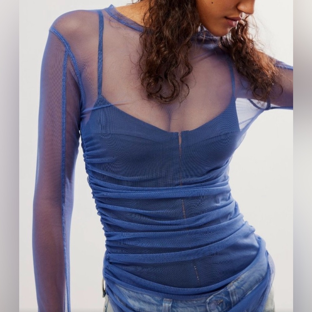 Free People Intimately Last Layer long-sleeve sheer top in Fjord blue. NWT